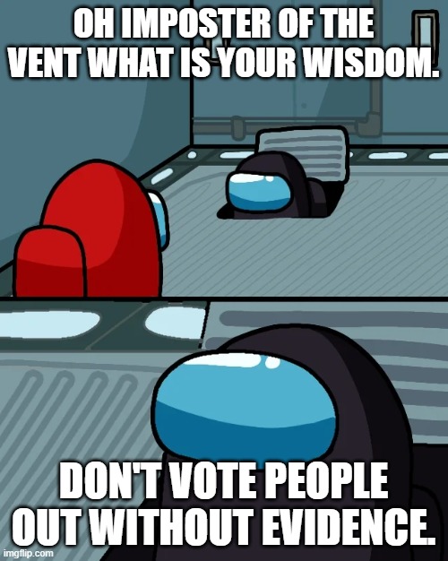 impostor of the vent | OH IMPOSTER OF THE VENT WHAT IS YOUR WISDOM. DON'T VOTE PEOPLE OUT WITHOUT EVIDENCE. | image tagged in impostor of the vent | made w/ Imgflip meme maker