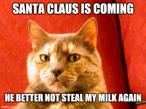 Suspicious Cat Meme | SANTA CLAUS IS COMING; HE BETTER NOT STEAL MY MILK AGAIN | image tagged in memes,suspicious cat | made w/ Imgflip meme maker