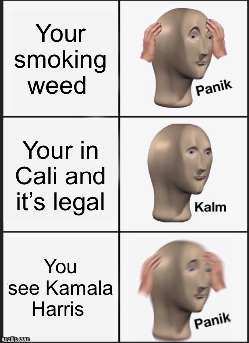 Panik Kalm Panik | Your smoking weed; Your in Cali and it’s legal; You see Kamala Harris | image tagged in memes,panik kalm panik | made w/ Imgflip meme maker