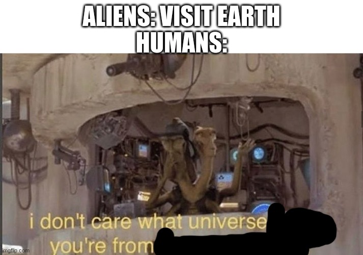 Aliening | ALIENS: VISIT EARTH
HUMANS: | image tagged in i don't care what universe where you're from that's gotta hurt | made w/ Imgflip meme maker