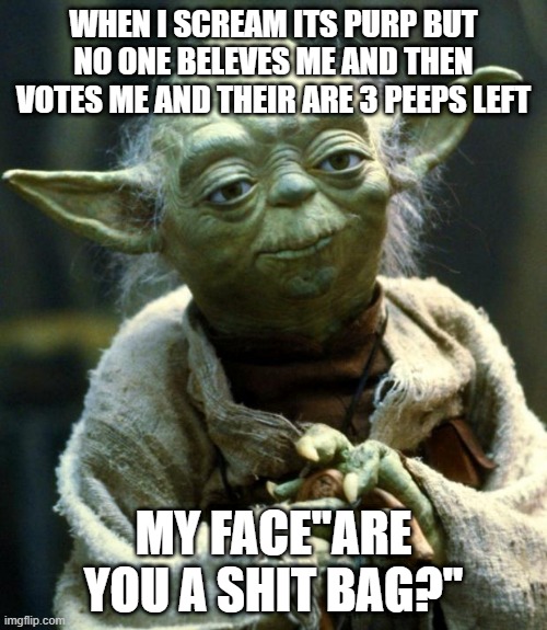 Star Wars Yoda Meme | WHEN I SCREAM ITS PURP BUT NO ONE BELEVES ME AND THEN VOTES ME AND THEIR ARE 3 PEEPS LEFT; MY FACE''ARE YOU A SHIT BAG?'' | image tagged in memes,star wars yoda | made w/ Imgflip meme maker