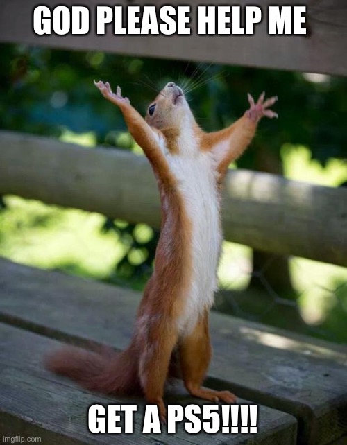 Happy Squirrel | GOD PLEASE HELP ME; GET A PS5!!!! | image tagged in happy squirrel | made w/ Imgflip meme maker