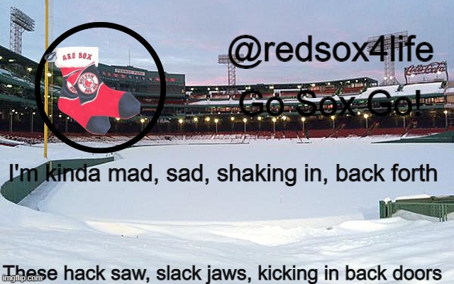 redsox4life | I'm kinda mad, sad, shaking in, back forth; These hack saw, slack jaws, kicking in back doors | image tagged in redsox4life | made w/ Imgflip meme maker