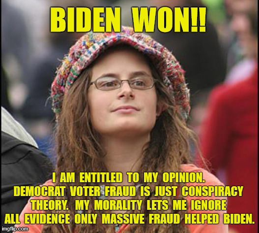 The pathetic morality of Democrats whose ethics are in the toilet is on display. | BIDEN  WON!! I  AM  ENTITLED  TO  MY  OPINION.  DEMOCRAT  VOTER  FRAUD  IS  JUST  CONSPIRACY  THEORY.   MY  MORALITY  LETS  ME  IGNORE  ALL  EVIDENCE  ONLY  MASSIVE  FRAUD  HELPED  BIDEN. | image tagged in democrat,progressives,election 2020,joe biden,biden,trump | made w/ Imgflip meme maker