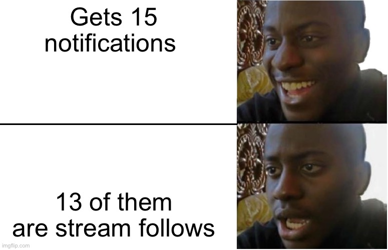 Disappointed Black Guy | Gets 15 notifications; 13 of them are stream follows | image tagged in disappointed black guy | made w/ Imgflip meme maker