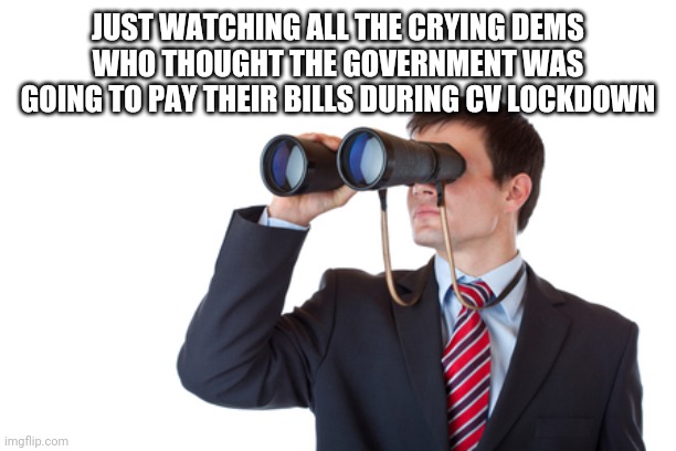 Politics and stuff | JUST WATCHING ALL THE CRYING DEMS WHO THOUGHT THE GOVERNMENT WAS GOING TO PAY THEIR BILLS DURING CV LOCKDOWN | image tagged in binoculars | made w/ Imgflip meme maker
