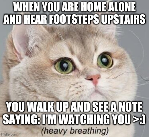 heavy breathing cat! | WHEN YOU ARE HOME ALONE AND HEAR FOOTSTEPS UPSTAIRS; YOU WALK UP AND SEE A NOTE SAYING: I'M WATCHING YOU >:) | image tagged in memes,heavy breathing cat | made w/ Imgflip meme maker