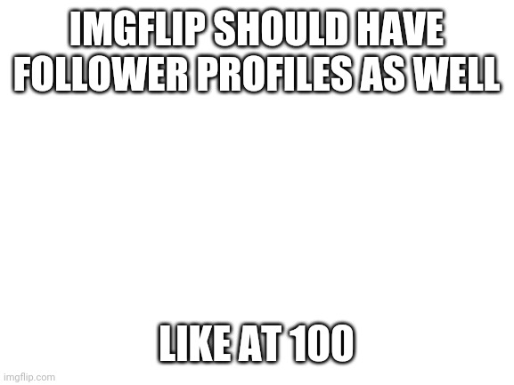 E | IMGFLIP SHOULD HAVE FOLLOWER PROFILES AS WELL; LIKE AT 100 | image tagged in blank white template | made w/ Imgflip meme maker