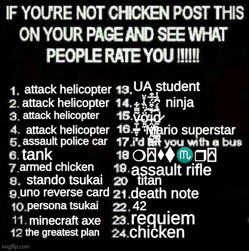 what am I doing with my life | UA student; attack helicopter; attack helicopter; ninja; attack helicopter; ṽ̶̠̜͇͍̣͌͋ơ̵͍̼̈́̈̏̒̎̈͠ͅi̴̯̝͍͈̯̰̙̯̽͒̈́̅͒͝͝d̷̠͙͍̩͇͎̲̃̊́͆̊̔; attack helicopter; Mario superstar; assault police car; ❍︎⍓︎⬧︎⧫︎♏︎❒︎⍓︎; tank; assault rifle; armed chicken; stando tsukai; titan; uno reverse card; death note; persona tsukai; 42; requiem; minecraft axe; the greatest plan; chicken | made w/ Imgflip meme maker