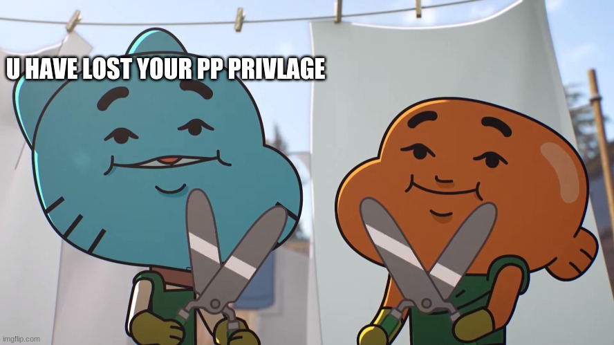 pp privlage | U HAVE LOST YOUR PP PRIVLAGE | image tagged in pp,the amazing world of gumball | made w/ Imgflip meme maker