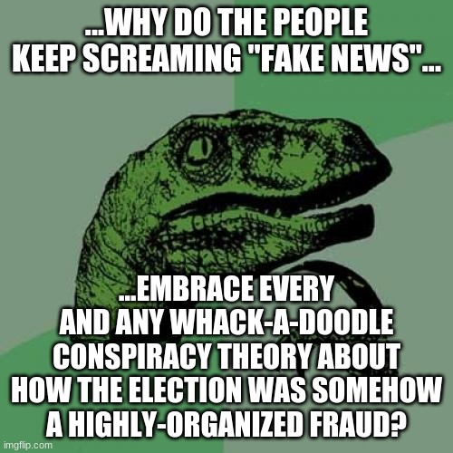 You Lost.  Get Over It. | ...WHY DO THE PEOPLE KEEP SCREAMING "FAKE NEWS"... ...EMBRACE EVERY AND ANY WHACK-A-DOODLE CONSPIRACY THEORY ABOUT HOW THE ELECTION WAS SOMEHOW A HIGHLY-ORGANIZED FRAUD? | image tagged in memes,philosoraptor | made w/ Imgflip meme maker