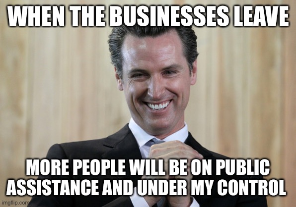 Scheming Gavin Newsom  | WHEN THE BUSINESSES LEAVE MORE PEOPLE WILL BE ON PUBLIC ASSISTANCE AND UNDER MY CONTROL | image tagged in scheming gavin newsom | made w/ Imgflip meme maker