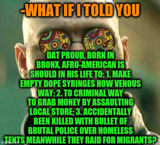 -Keep eyes on bright lemon. | DAT PROUD, BORN IN BRONX, AFRO-AMERICAN IS SHOULD IN HIS LIFE TO: 1. MAKE EMPTY DOPE SYRINGES HOW VENOUS WAY; 2. TO CRIMINAL WAY TO GRAB MONEY BY ASSAULTING LOCAL STORE; 3. ACCIDENTALLY BEEN KILLED WITH BULLET OF BRUTAL POLICE OVER HOMELESS TENTS MEANWHILE THEY RAID FOR MIGRANTS? -WHAT IF I TOLD YOU | image tagged in acid kicks in morpheus,criminal minds,afro,american,what if i told you,superjail | made w/ Imgflip meme maker