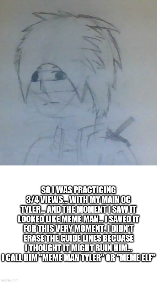 meme man tyler (meme elf) | SO I WAS PRACTICING 3/4 VIEWS... WITH MY MAIN OC TYLER... AND THE MOMENT I SAW IT LOOKED LIKE MEME MAN... I SAVED IT FOR THIS VERY MOMENT. I DIDN'T ERASE THE GUIDE LINES BECUASE I THOUGHT IT MIGHT RUIN HIM... I CALL HIM "MEME MAN TYLER" OR "MEME ELF" | image tagged in meme man tyler,blank white template | made w/ Imgflip meme maker