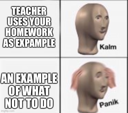 kalm panick | TEACHER USES YOUR HOMEWORK AS EXPAMPLE; AN EXAMPLE OF WHAT NOT TO DO | image tagged in kalm panick | made w/ Imgflip meme maker