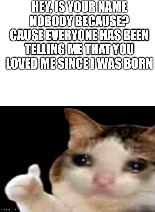 This is my life in a nutshell | HEY, IS YOUR NAME NOBODY BECAUSE? CAUSE EVERYONE HAS BEEN TELLING ME THAT YOU LOVED ME SINCE I WAS BORN | image tagged in sad cat thumbs up | made w/ Imgflip meme maker