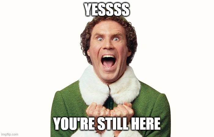 Buddy the elf excited | YESSSS YOU'RE STILL HERE | image tagged in buddy the elf excited | made w/ Imgflip meme maker