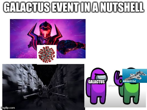 just in case you missed it | GALACTUS EVENT IN A NUTSHELL; GALACTUS | image tagged in blank white template | made w/ Imgflip meme maker