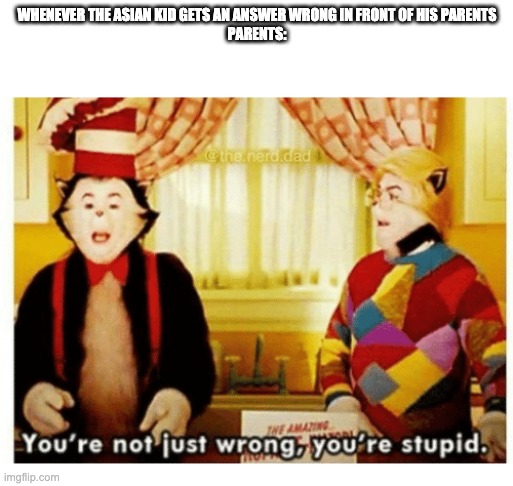 Asian kids suffer | WHENEVER THE ASIAN KID GETS AN ANSWER WRONG IN FRONT OF HIS PARENTS
PARENTS: | image tagged in you're not just wrong your stupid | made w/ Imgflip meme maker