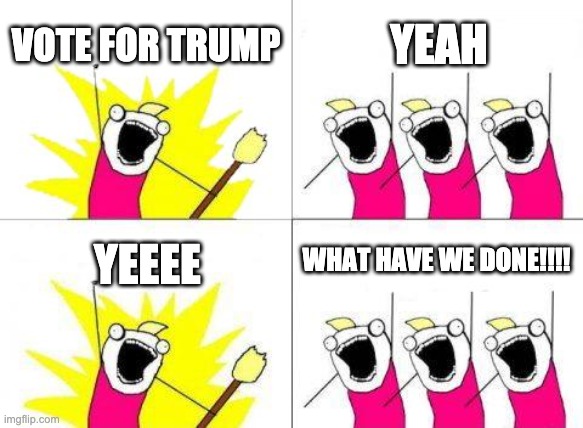 What Do We Want Meme | VOTE FOR TRUMP; YEAH; WHAT HAVE WE DONE!!!! YEEEE | image tagged in memes,what do we want | made w/ Imgflip meme maker