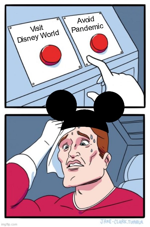 Disney Dilemma | Avoid Pandemic; Visit Disney World | image tagged in memes,two buttons | made w/ Imgflip meme maker