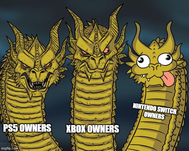 to each its own | NINTENDO SWITCH 
OWNERS; PS5 OWNERS; XBOX OWNERS | image tagged in three-headed dragon | made w/ Imgflip meme maker