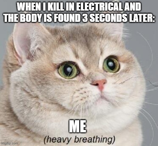 Heavy Breathing Cat Meme | WHEN I KILL IN ELECTRICAL AND THE BODY IS FOUND 3 SECONDS LATER:; ME | image tagged in memes,heavy breathing cat | made w/ Imgflip meme maker