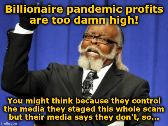 Billionaire pandemic profits... | Billionaire pandemic profits
are too damn high! You might think because they control
the media they staged this whole scam
but their media says they don't, so... | image tagged in memes,too damn high,scamdemic,billionaire,government corruption,media lies | made w/ Imgflip meme maker