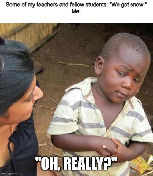 I didn't get snow | Some of my teachers and fellow students: "We got snow!"
Me:; "OH, REALLY?" | image tagged in memes,third world skeptical kid,snow | made w/ Imgflip meme maker
