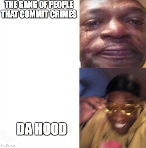 Sad Happy | THE GANG OF PEOPLE THAT COMMIT CRIMES; DA HOOD | image tagged in sad happy | made w/ Imgflip meme maker