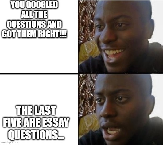AND YOU HAVE 20 MINUTES LEFT | YOU GOOGLED ALL THE QUESTIONS AND GOT THEM RIGHT!!! THE LAST FIVE ARE ESSAY QUESTIONS... | image tagged in surpried disapointed man | made w/ Imgflip meme maker
