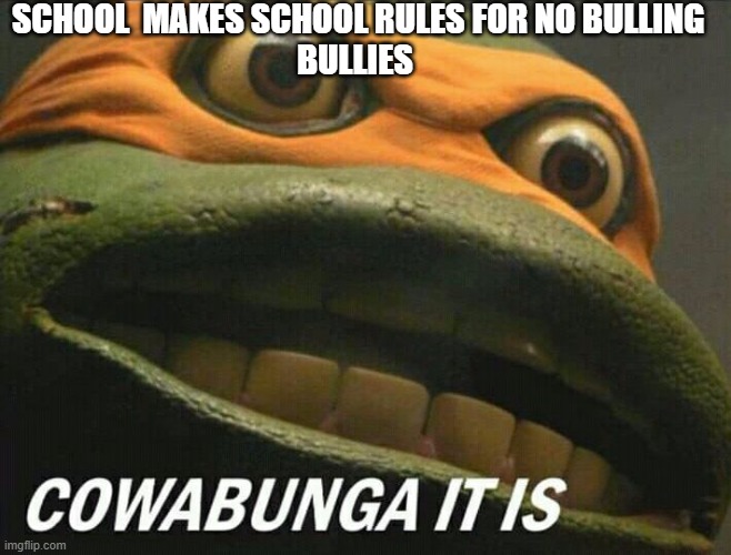 Cowabunga it is | SCHOOL  MAKES SCHOOL RULES FOR NO BULLING
BULLIES | image tagged in cowabunga it is | made w/ Imgflip meme maker