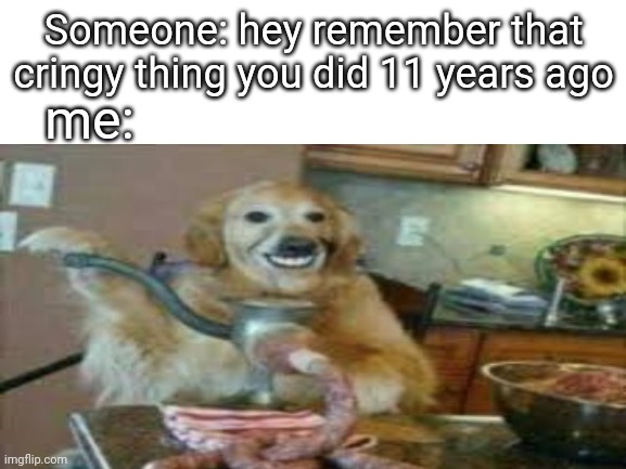 Oof | me:; Someone: hey remember that cringy thing you did 11 years ago | image tagged in dog,cringe | made w/ Imgflip meme maker