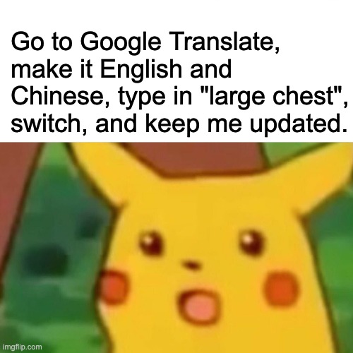Prepare to be surprised (no bad words) | Go to Google Translate, make it English and Chinese, type in "large chest", switch, and keep me updated. | image tagged in memes,surprised pikachu | made w/ Imgflip meme maker