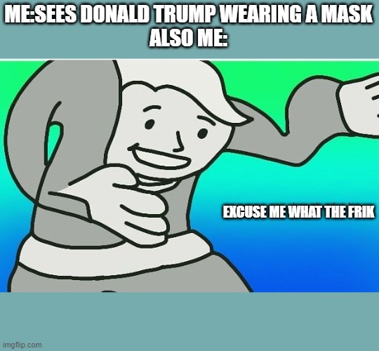 Fallout boy excuse me wyf | ME:SEES DONALD TRUMP WEARING A MASK
ALSO ME:; EXCUSE ME WHAT THE FRIK | image tagged in fallout boy excuse me wyf | made w/ Imgflip meme maker