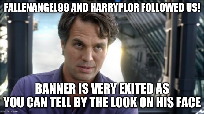 new followers!!!! | FALLENANGEL99 AND HARRYPLOR FOLLOWED US! BANNER IS VERY EXITED AS YOU CAN TELL BY THE LOOK ON HIS FACE | image tagged in bruce banner | made w/ Imgflip meme maker
