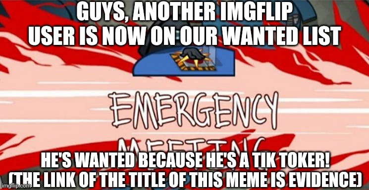 https://imgflip.com/user/nfkanosnfjoihaowij | GUYS, ANOTHER IMGFLIP USER IS NOW ON OUR WANTED LIST; HE'S WANTED BECAUSE HE'S A TIK TOKER! (THE LINK OF THE TITLE OF THIS MEME IS EVIDENCE) | image tagged in emergency meeting | made w/ Imgflip meme maker