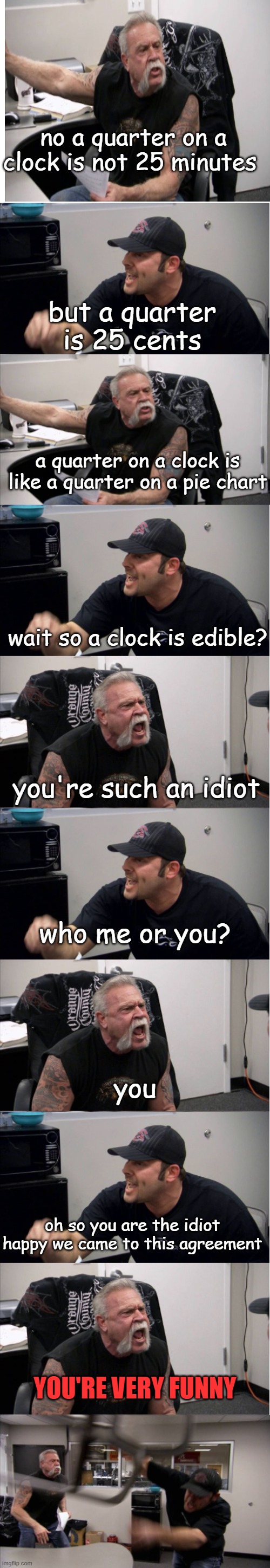 argument about a clock | no a quarter on a clock is not 25 minutes; but a quarter is 25 cents; a quarter on a clock is like a quarter on a pie chart; wait so a clock is edible? you're such an idiot; who me or you? you; oh so you are the idiot happy we came to this agreement; YOU'RE VERY FUNNY | image tagged in blank white template | made w/ Imgflip meme maker