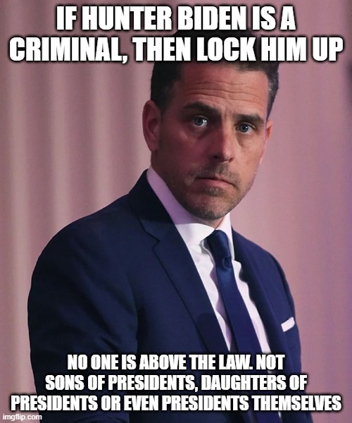 Hunter Biden | IF HUNTER BIDEN IS A CRIMINAL, THEN LOCK HIM UP; NO ONE IS ABOVE THE LAW. NOT SONS OF PRESIDENTS, DAUGHTERS OF PRESIDENTS OR EVEN PRESIDENTS THEMSELVES | image tagged in hunter biden | made w/ Imgflip meme maker