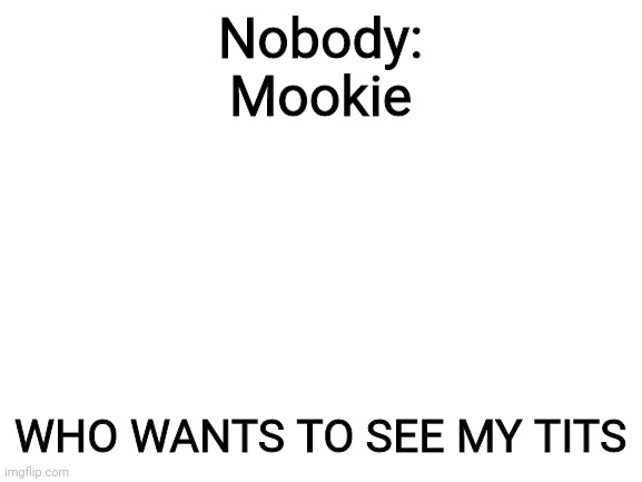 My latest image, i don't know how to link comments | Nobody:
Mookie; WHO WANTS TO SEE MY TITS | image tagged in blank white template | made w/ Imgflip meme maker