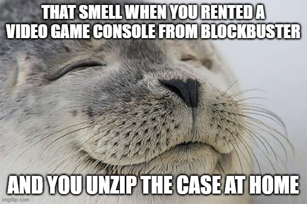 Satisfied Seal | THAT SMELL WHEN YOU RENTED A VIDEO GAME CONSOLE FROM BLOCKBUSTER; AND YOU UNZIP THE CASE AT HOME | image tagged in memes,satisfied seal,AdviceAnimals | made w/ Imgflip meme maker