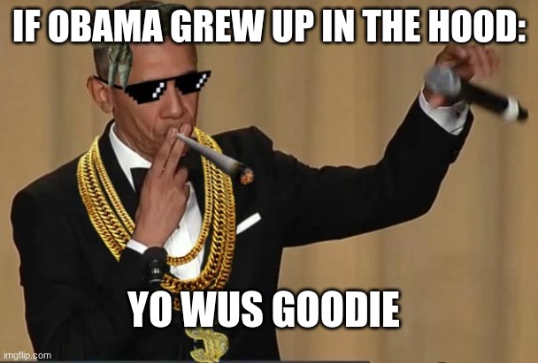 Obama | IF OBAMA GREW UP IN THE HOOD:; YO WUS GOODIE | image tagged in funny,obama,memes,cool,upvote | made w/ Imgflip meme maker