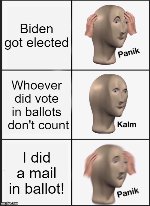 Panik Kalm Panik | Biden got elected; Whoever did vote in ballots  don't count; I did a mail in ballot! | image tagged in memes,panik kalm panik | made w/ Imgflip meme maker