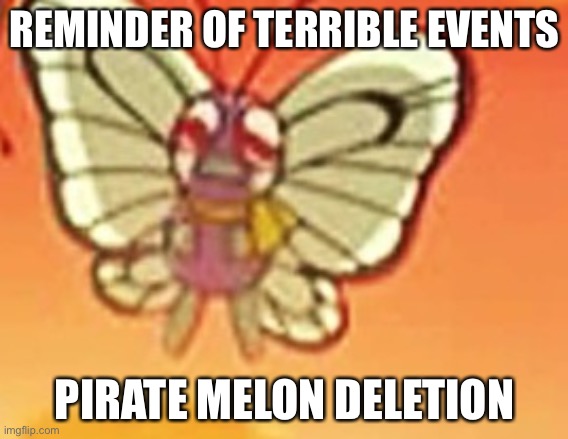 Crying butterfree | REMINDER OF TERRIBLE EVENTS; PIRATE MELON DELETION | image tagged in haha change the tags go brrrr | made w/ Imgflip meme maker