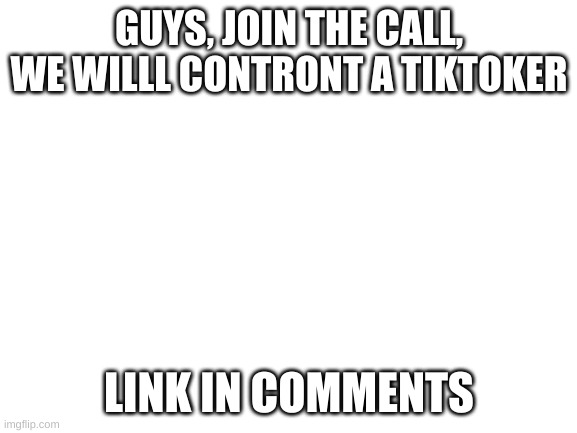 Blank White Template | GUYS, JOIN THE CALL, WE WILLL CONTRONT A TIKTOKER; LINK IN COMMENTS | image tagged in blank white template | made w/ Imgflip meme maker