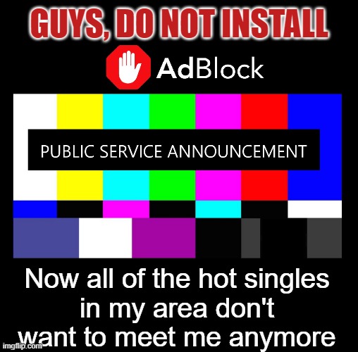 Just letting you know | GUYS, DO NOT INSTALL; Now all of the hot singles
in my area don't
want to meet me anymore | image tagged in adblock,internet,online dating,singles,relationships,imgflip users | made w/ Imgflip meme maker