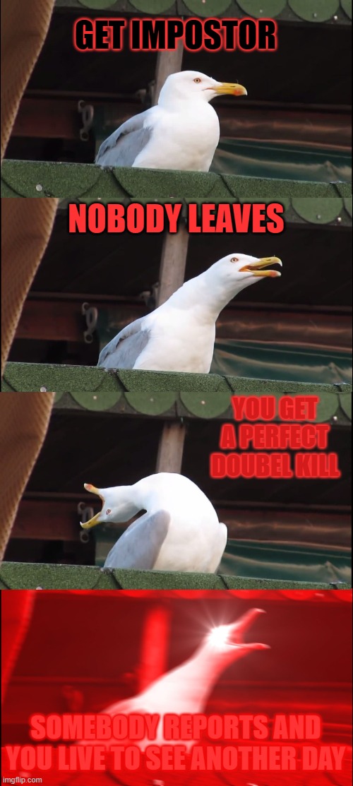 Inhaling Seagull | GET IMPOSTOR; NOBODY LEAVES; YOU GET A PERFECT DOUBEL KILL; SOMEBODY REPORTS AND YOU LIVE TO SEE ANOTHER DAY | image tagged in memes,inhaling seagull | made w/ Imgflip meme maker