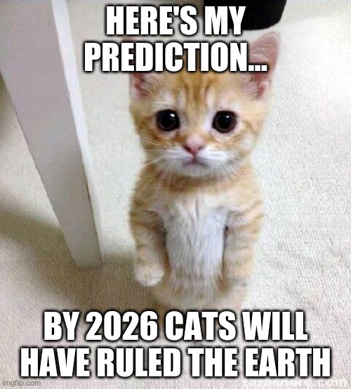 Cute Cat Meme | HERE'S MY PREDICTION... BY 2026 CATS WILL HAVE RULED THE EARTH | image tagged in memes,cute cat | made w/ Imgflip meme maker