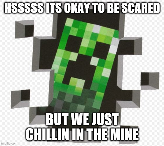 Minecraft Creeper | HSSSSS ITS OKAY TO BE SCARED; BUT WE JUST CHILLIN IN THE MINE | image tagged in minecraft creeper | made w/ Imgflip meme maker