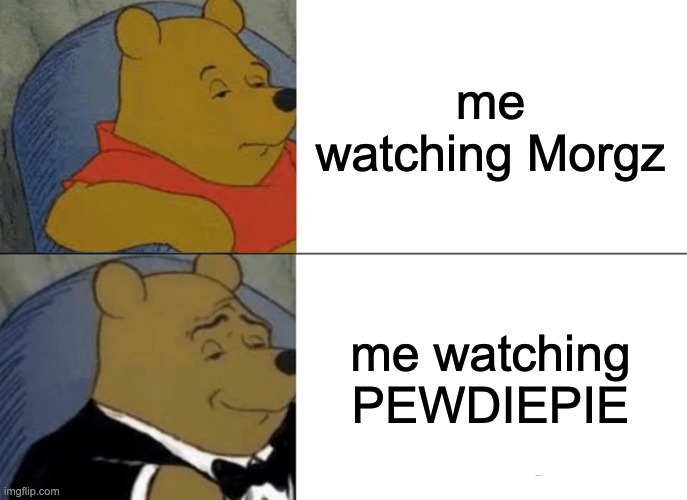Tuxedo Winnie The Pooh | me watching Morgz; me watching PEWDIEPIE | image tagged in memes,tuxedo winnie the pooh | made w/ Imgflip meme maker